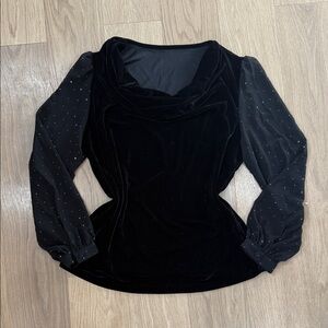 Aumora Elegant Black Velvet Women's Top Sparkle Sheer Sleeve Detail 3X